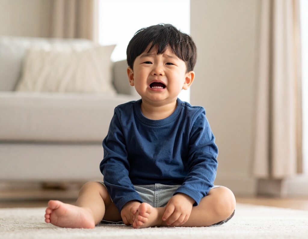 口呼吸により、困って泣いてしまっているこども