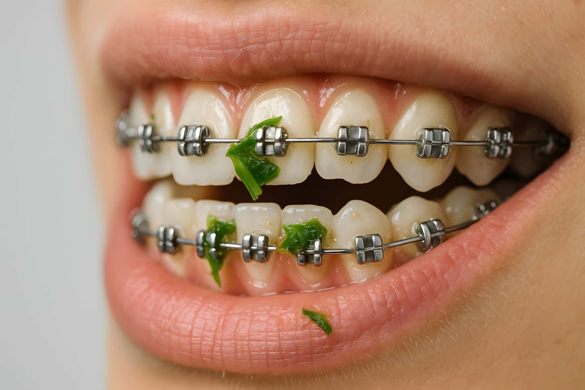 矯正装置に食べ物が絡んで口内炎ができやすいイメージ