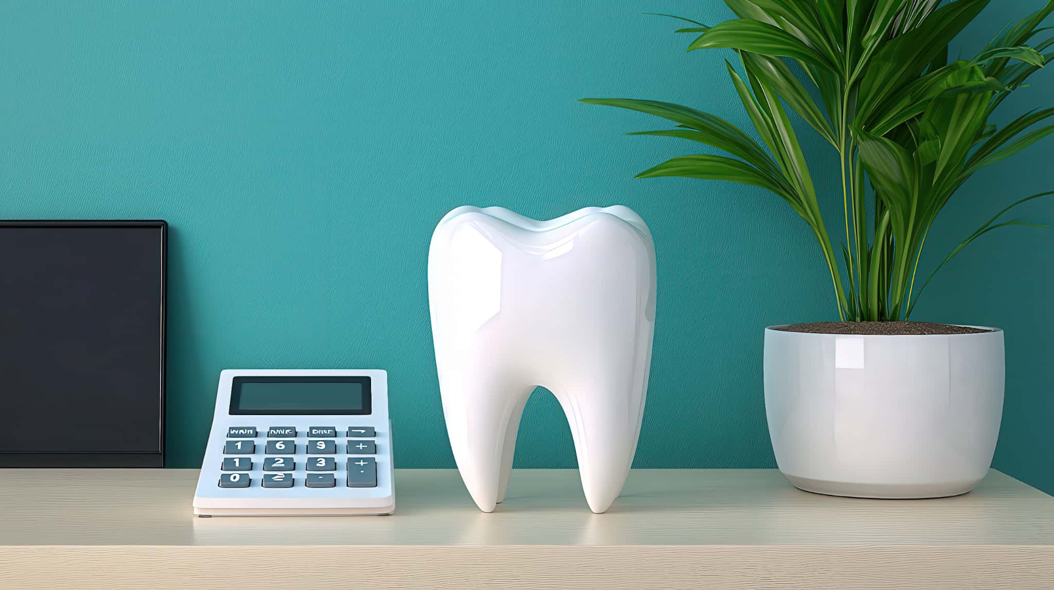 ホワイトニングの費用を示す計算機と白い歯の模型
